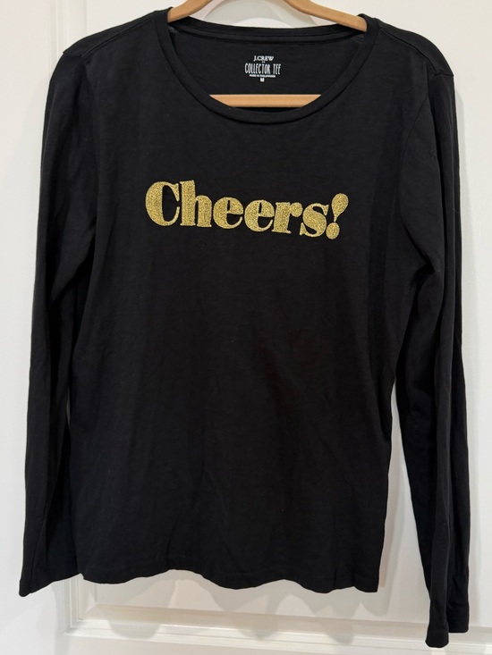 J. Crew Tops - J. Crew Black Long Sleeve Tee with Gold 'Cheers!' Graphic